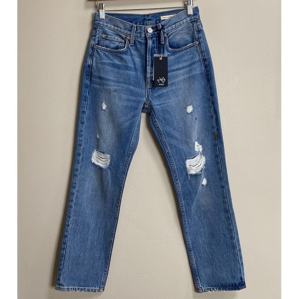 No End Denim Medium Wash Distressed High Rise Straight Crop Ankle Jean Size 25